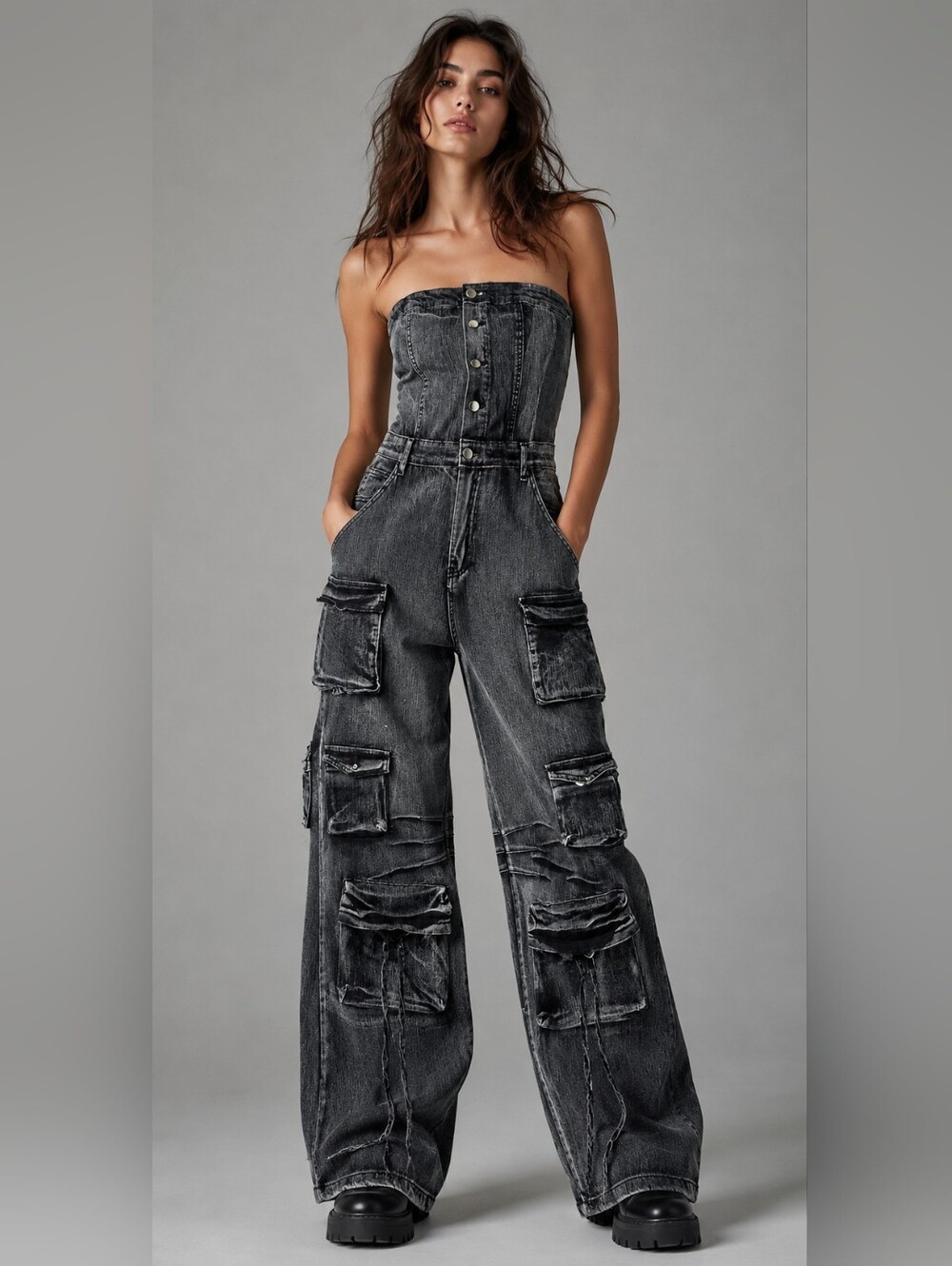 Black Cargo Denim Jeans High Waist Wide Leg Y2K